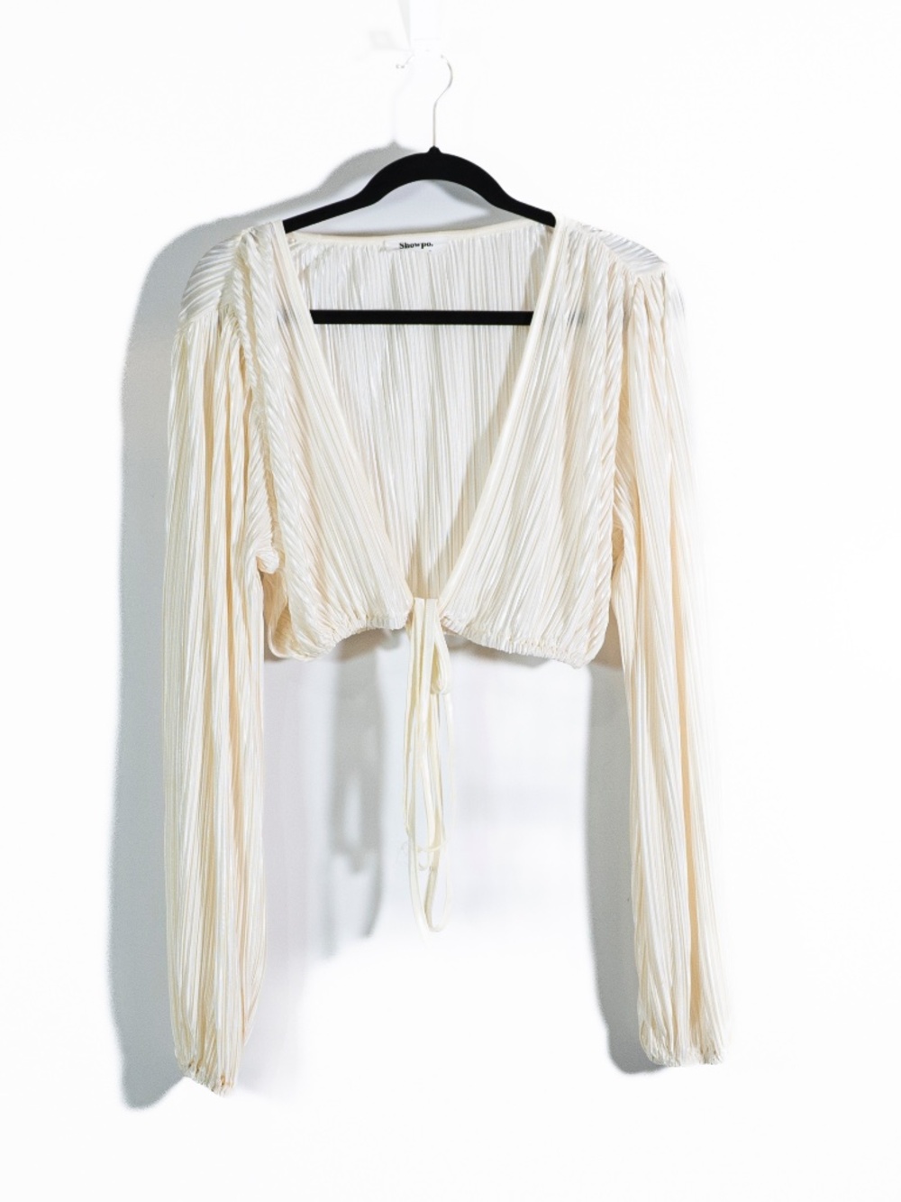 Showpo Jondra Ruched Front Long Sleeve Plisse Satin Blouse In Cream 4
